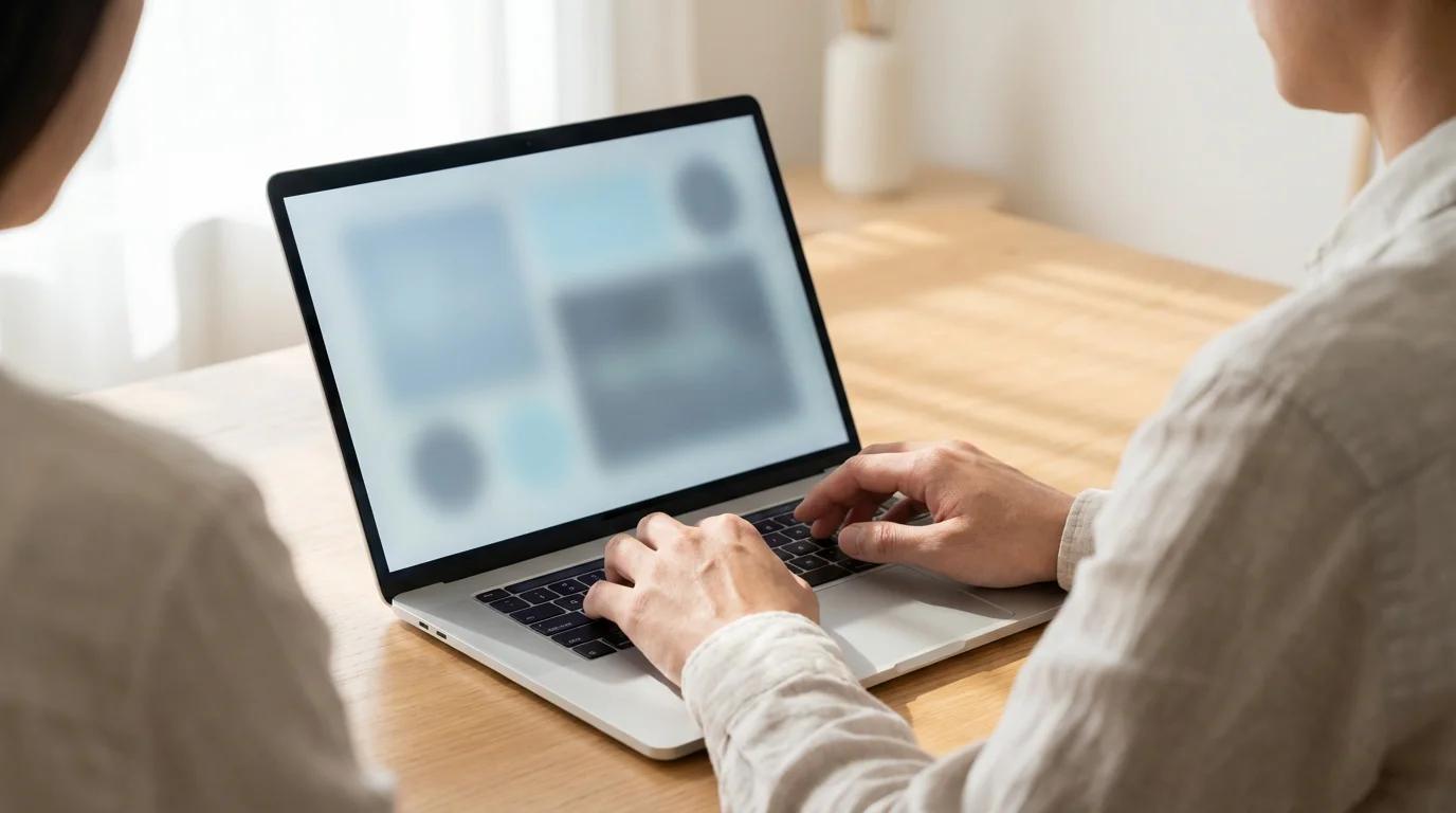Over-the-shoulder view of a person using a laptop to manage emails in a sunlit office.