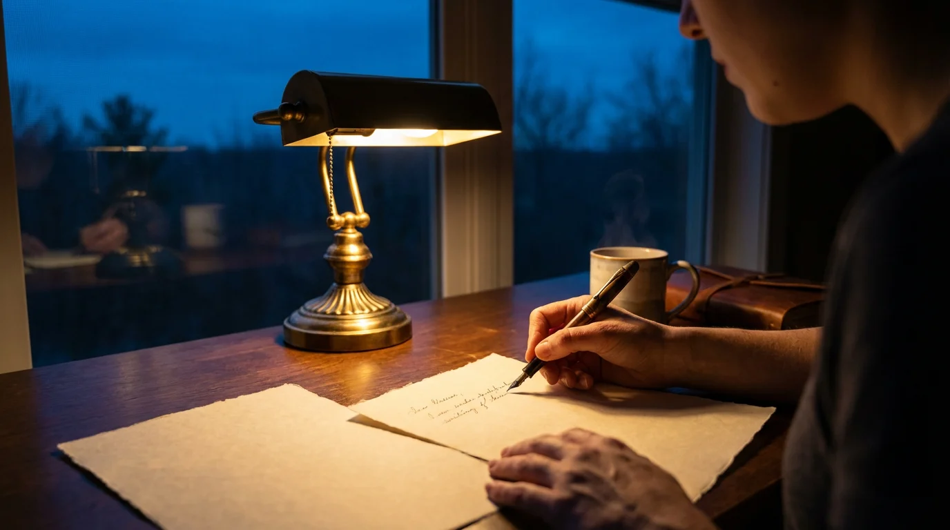 Over-the-shoulder view of a person writing a letter at a desk during twilight.