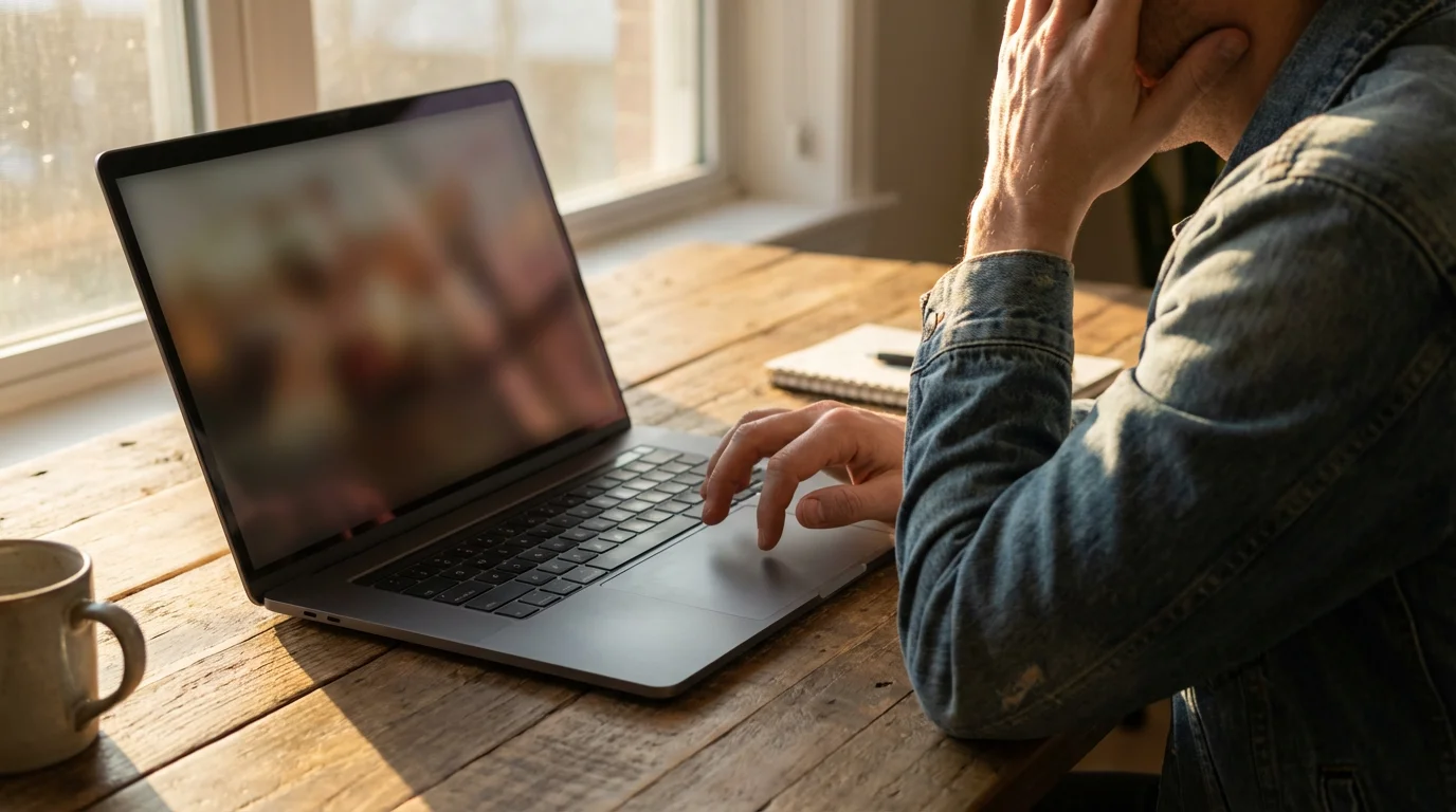 Over-the-shoulder view of a person's hand hesitating over a laptop trackpad during golden hour.