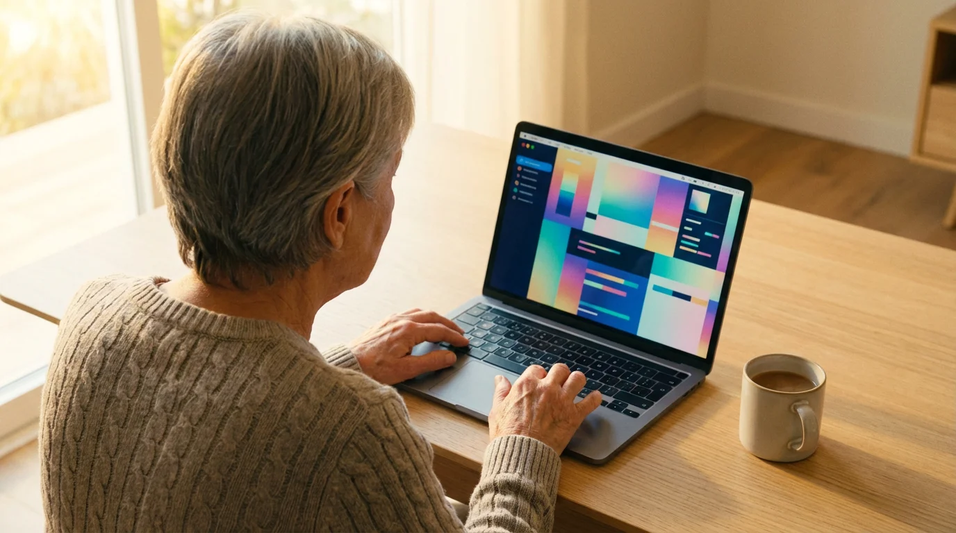 Over-the-shoulder view of a senior applying for benefits on a laptop in morning light.