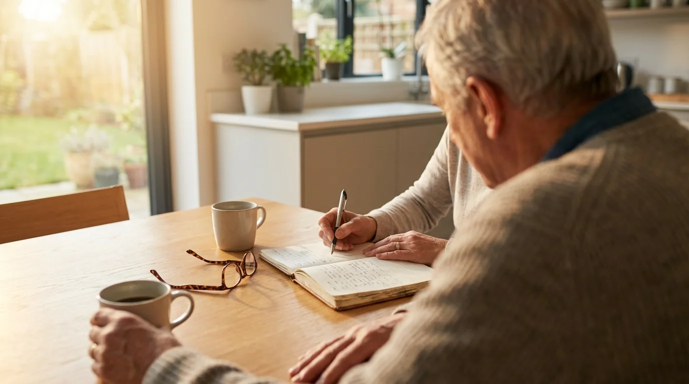 Over-the-shoulder view of a senior couple at a table writing questions in a notebook.