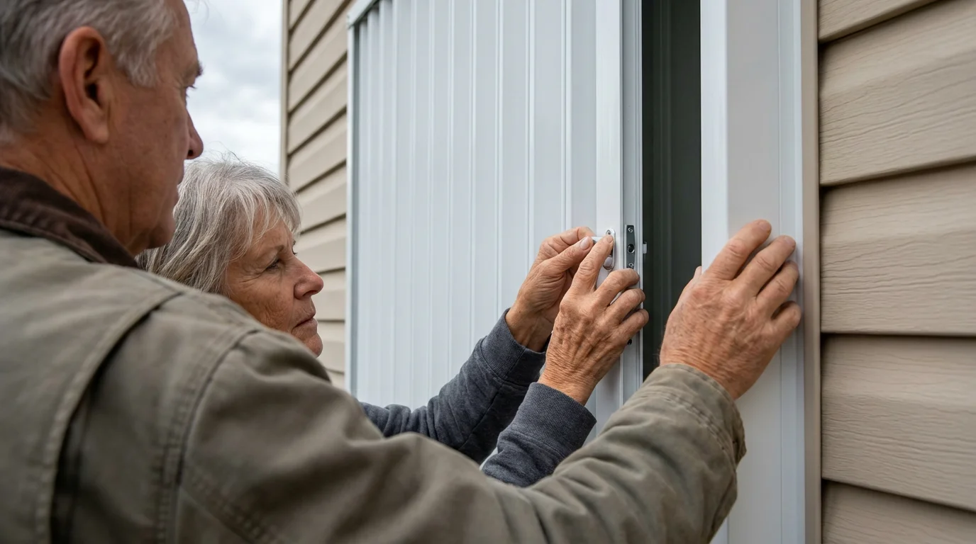 Over-the-shoulder view of a senior couple inspecting a new storm shutter on their home.