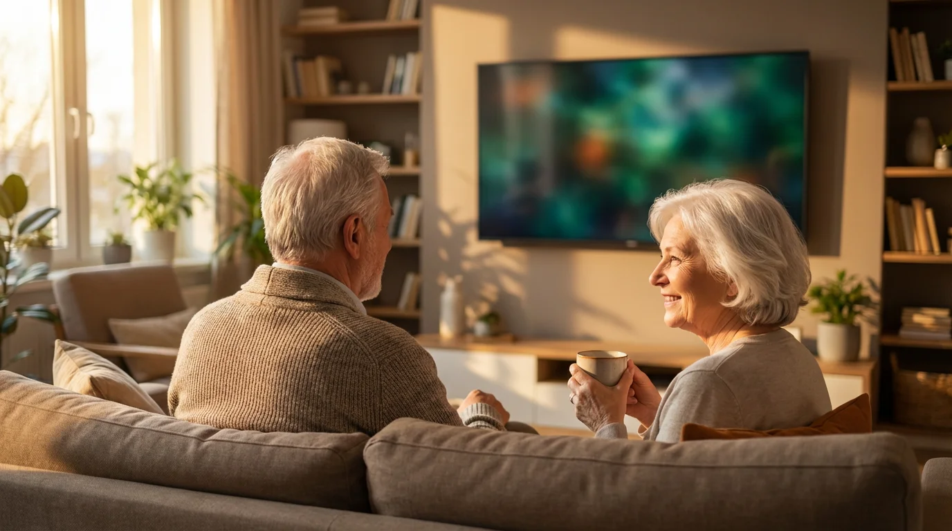 Over-the-shoulder view of a senior couple happily watching TV together during a beautiful sunset.