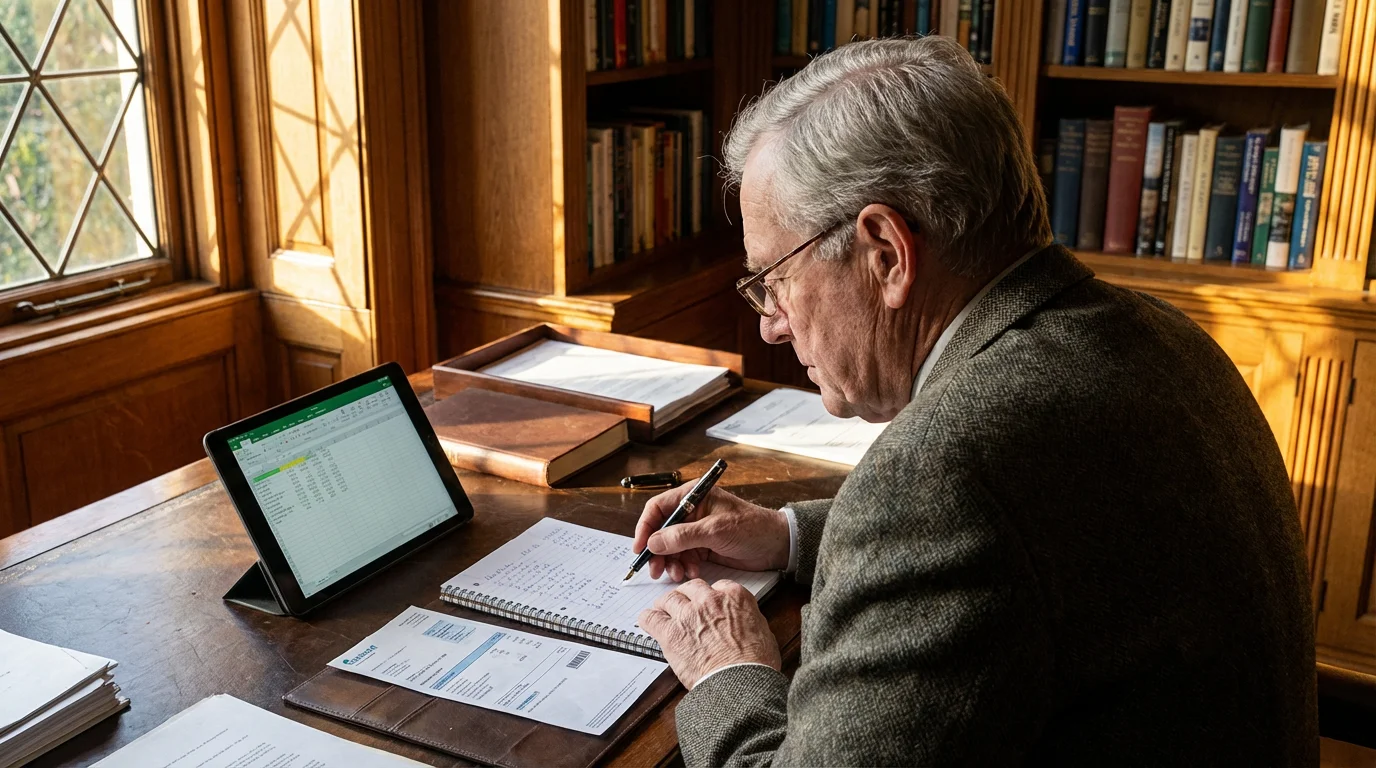 Over-the-shoulder view of a senior man at a desk researching and organizing his bills.