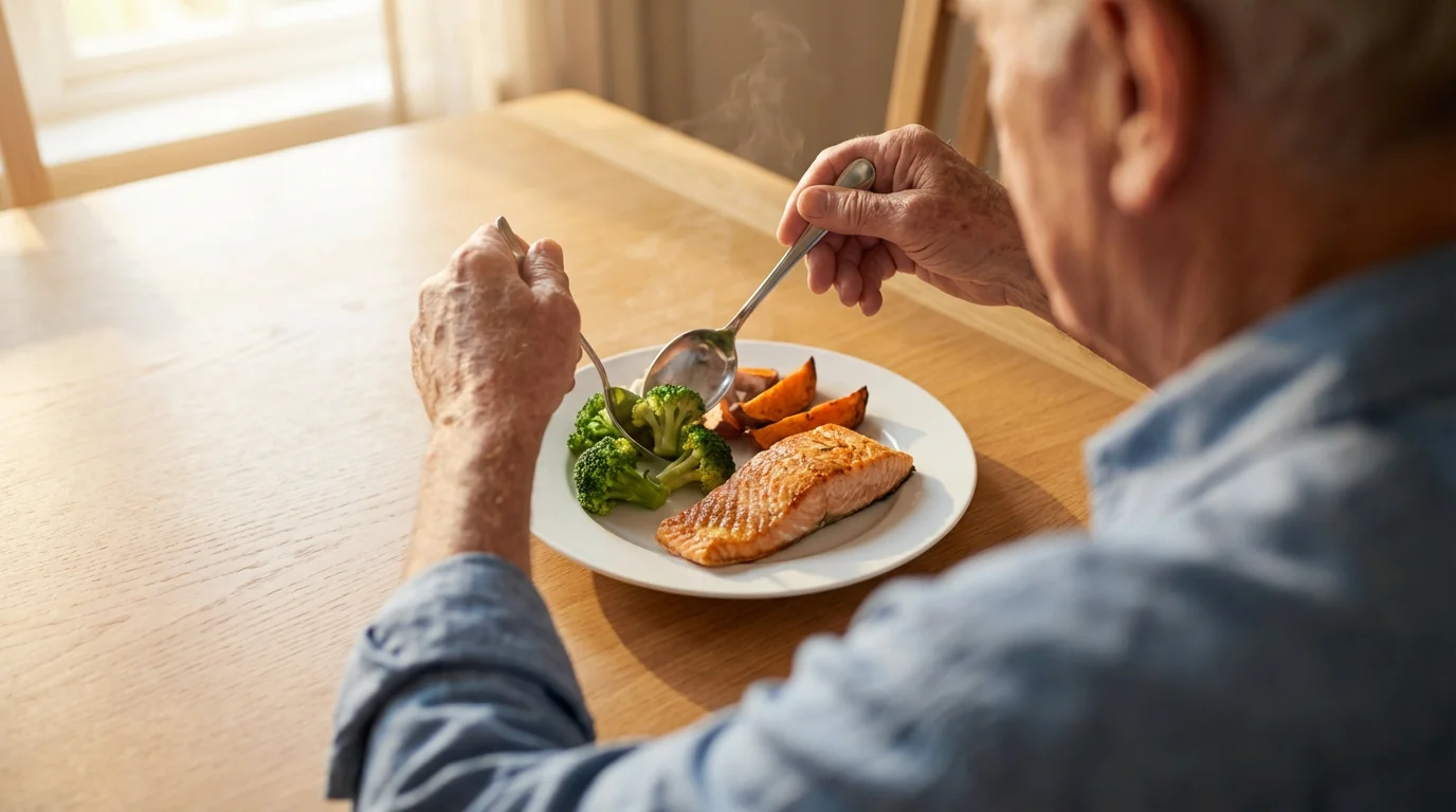 Over-the-shoulder view of a senior man assembling a healthy plate with salmon and vegetables.