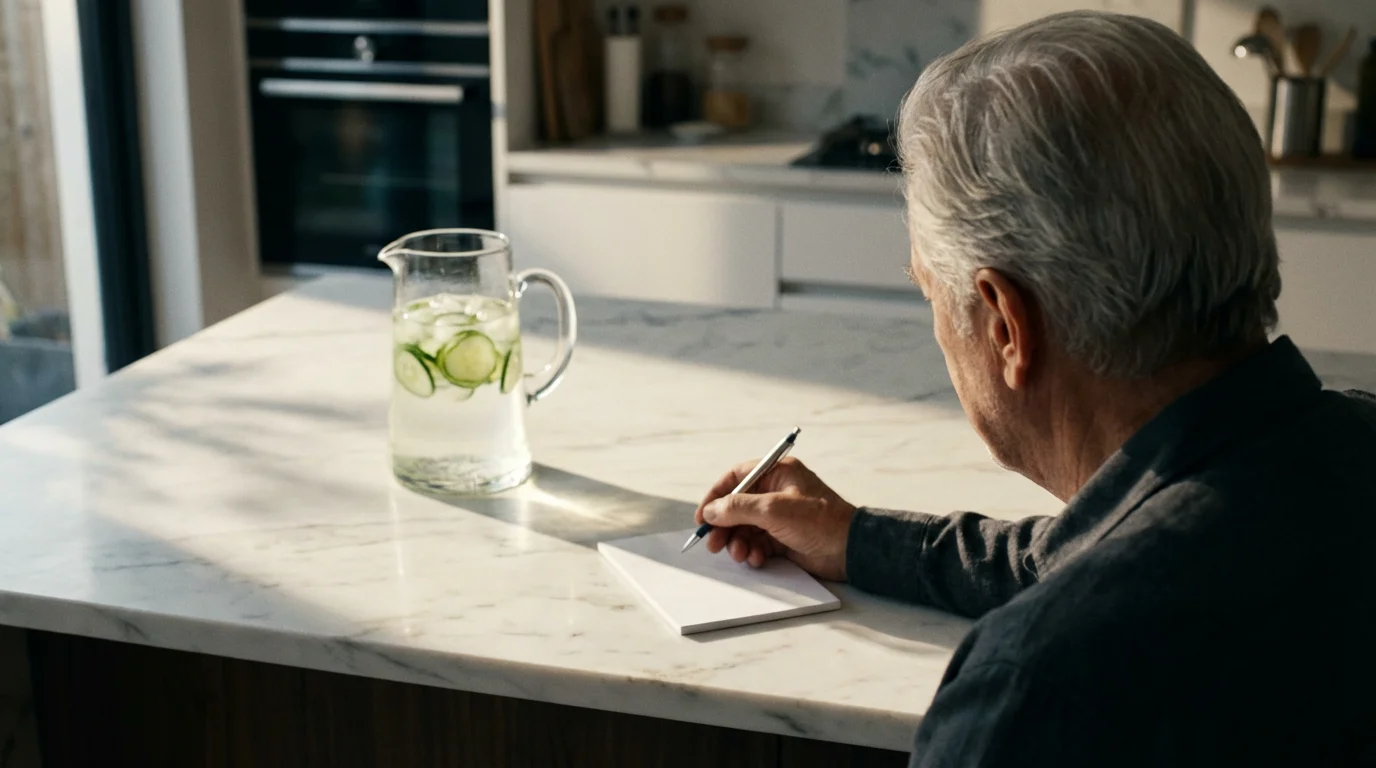 Over-the-shoulder view of a senior man at a kitchen counter planning his water intake.
