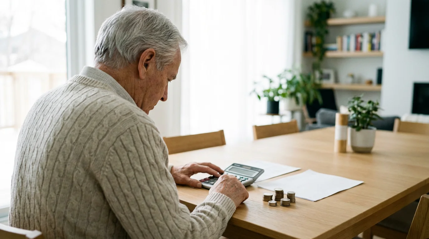 Over-the-shoulder view of a senior man at a table with a calculator and coins.