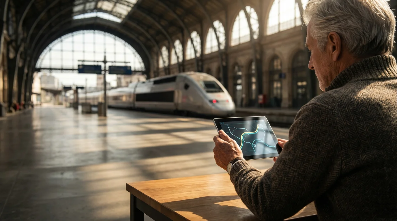 Over-the-shoulder view of a senior man booking a train ticket on a tablet.