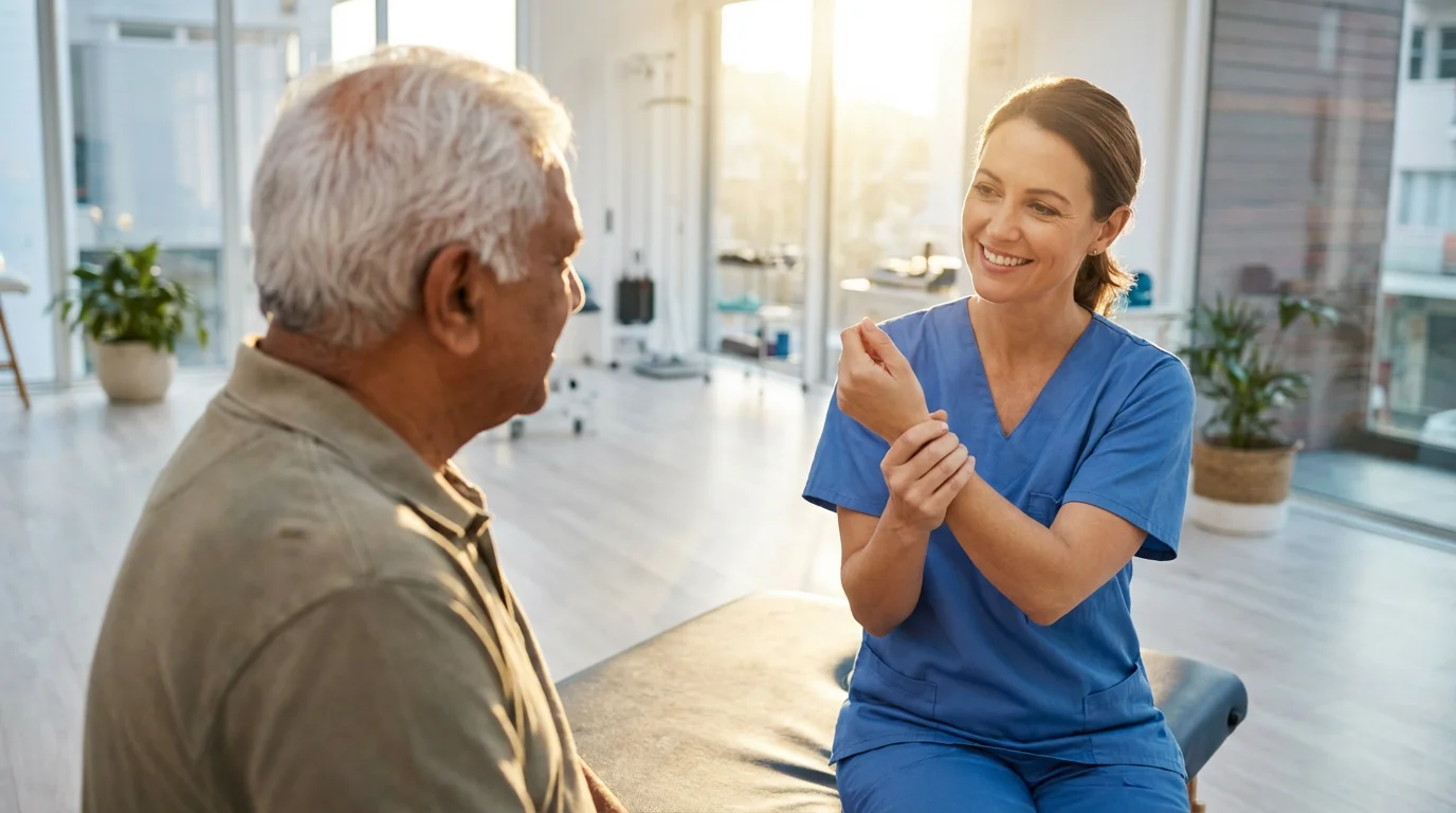 Over-the-shoulder view of a senior man consulting with a physical therapist during golden hour.