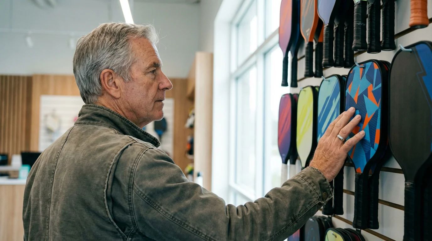 Over-the-shoulder view of a senior man choosing a new pickleball paddle in a store.