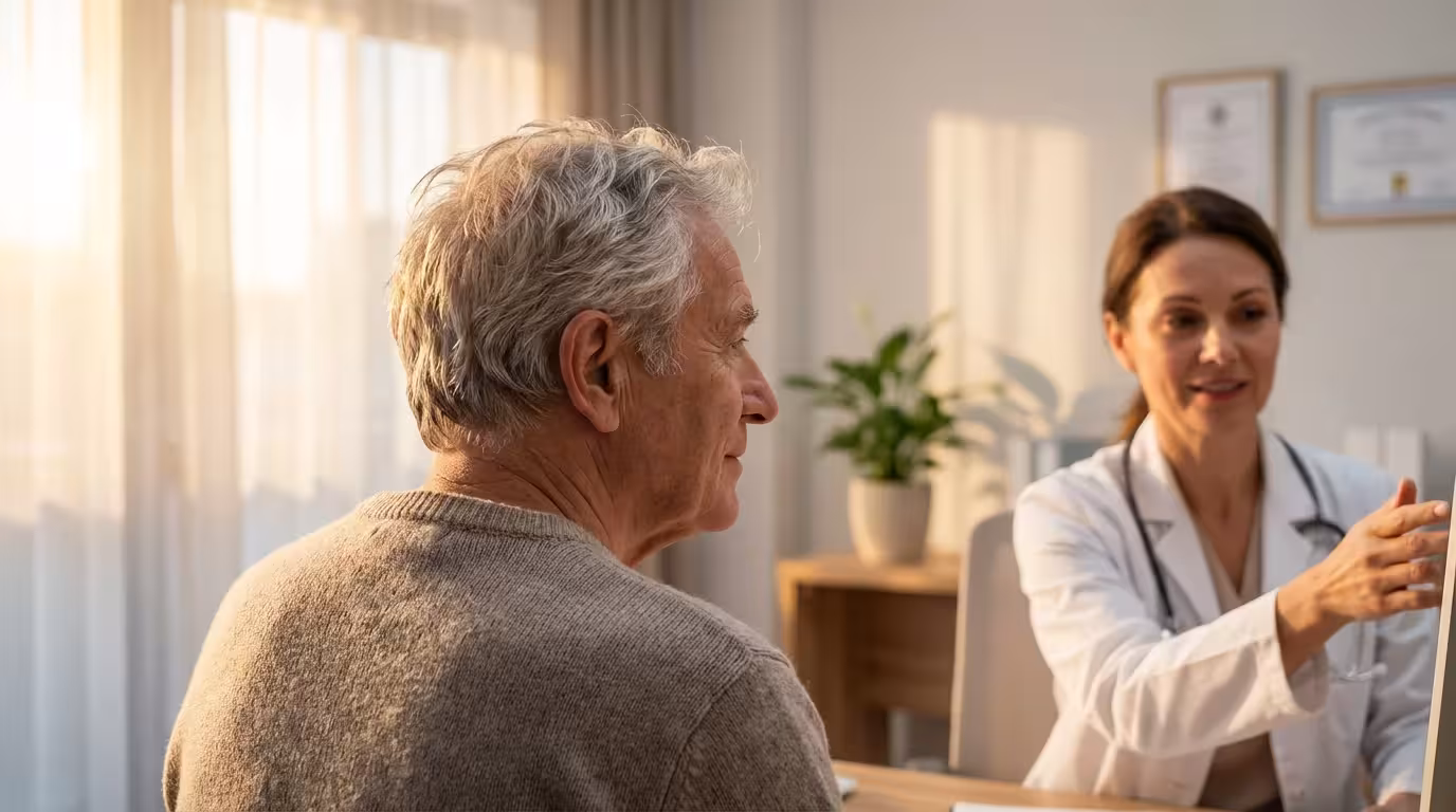 Over-the-shoulder view of a senior man discussing his health with a compassionate female doctor.