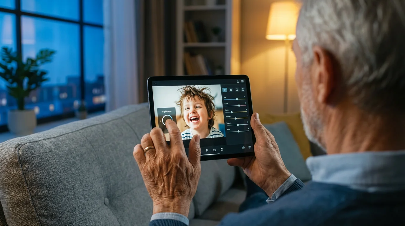 Over-the-shoulder view of a senior man editing a family photo on a tablet.