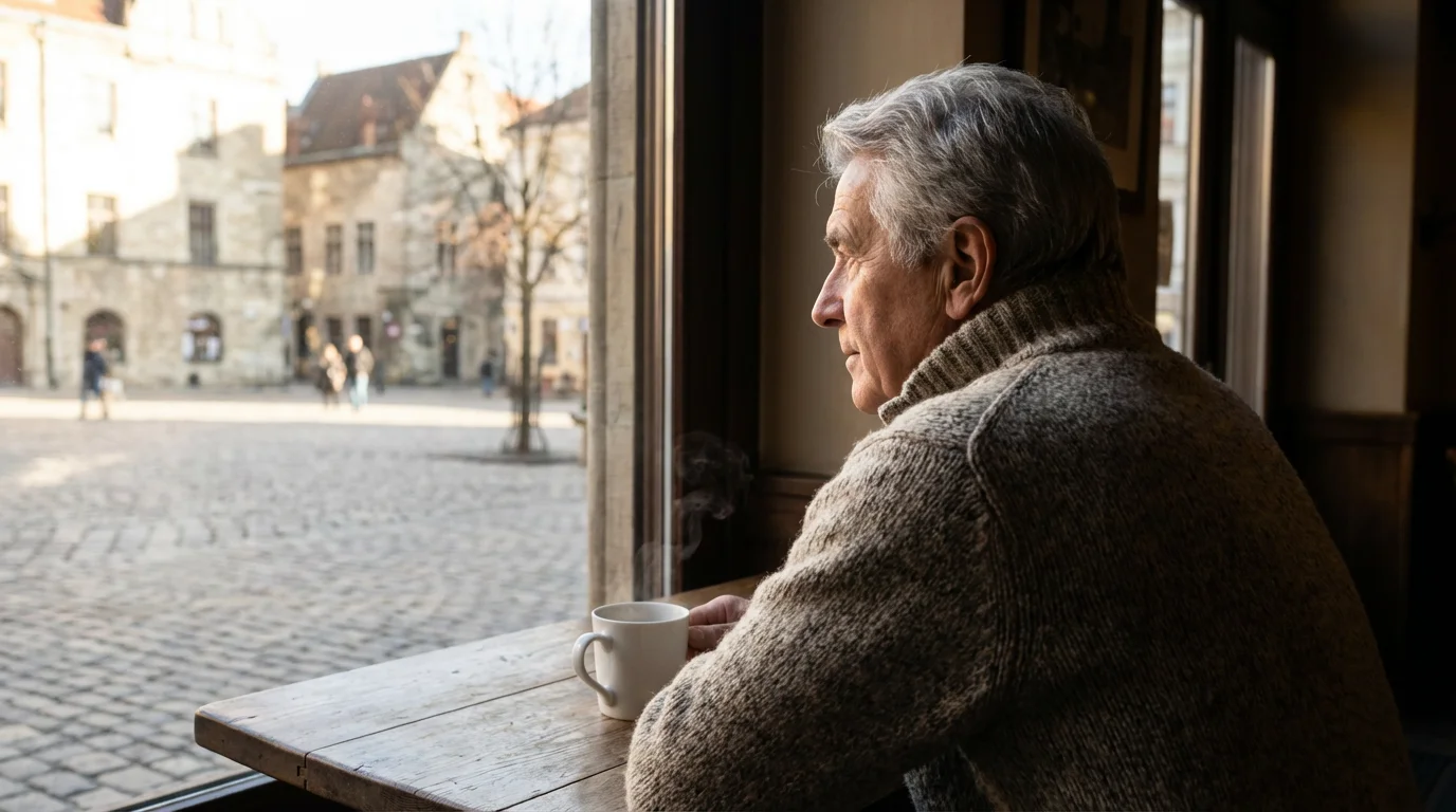 Over-the-shoulder view of a senior man looking out a cafe window at a quiet European square.