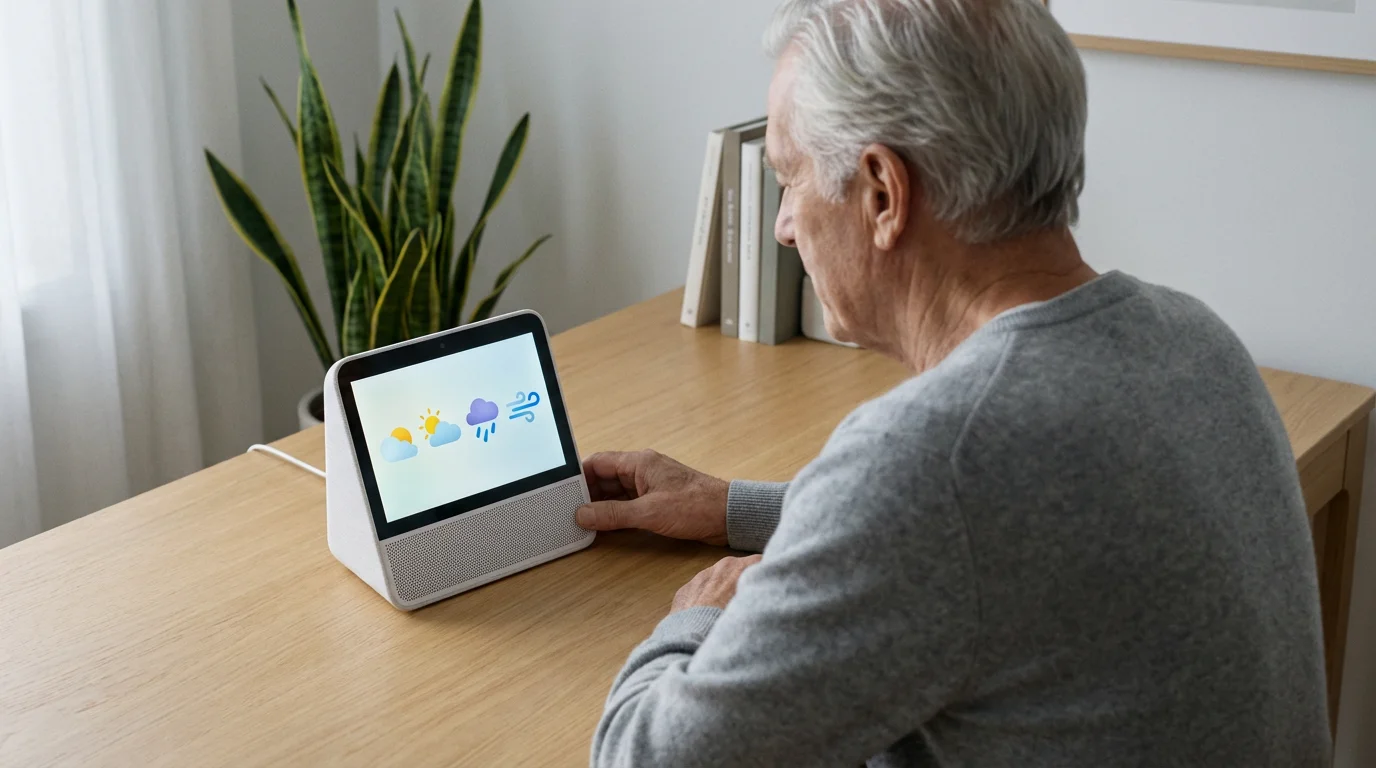 Over-the-shoulder view of a senior man learning to use a smart display device.