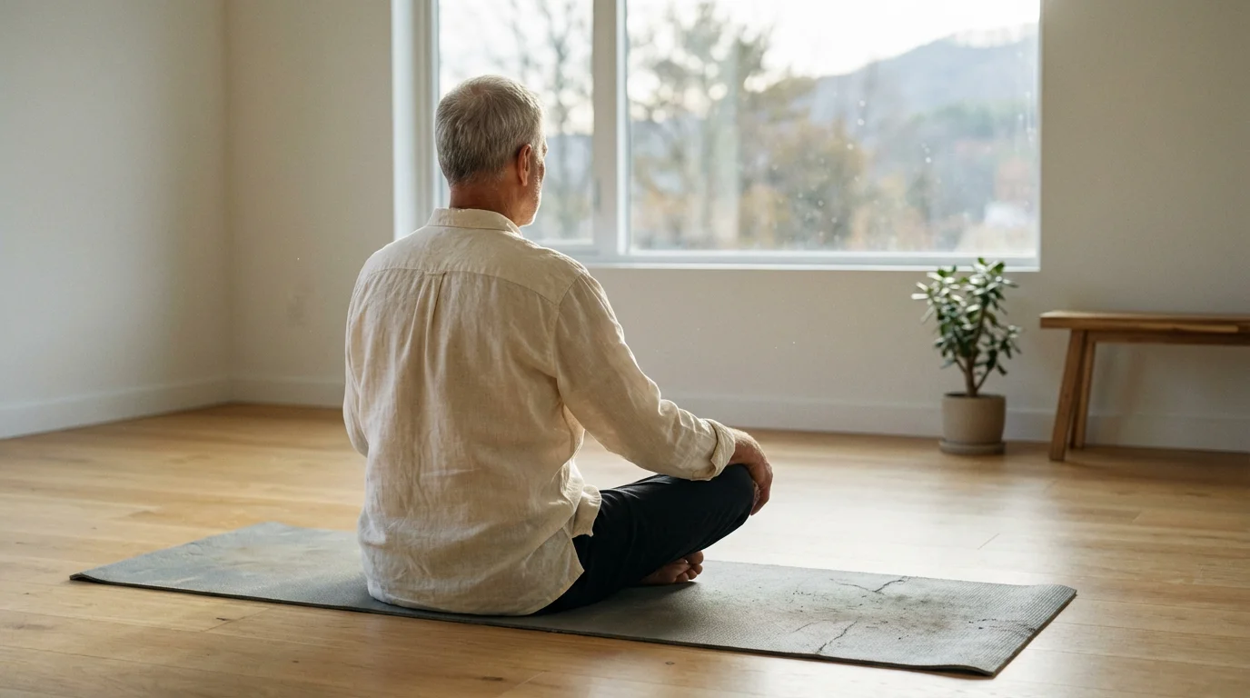 Over-the-shoulder view of a senior man meditating on a yoga mat in morning light.