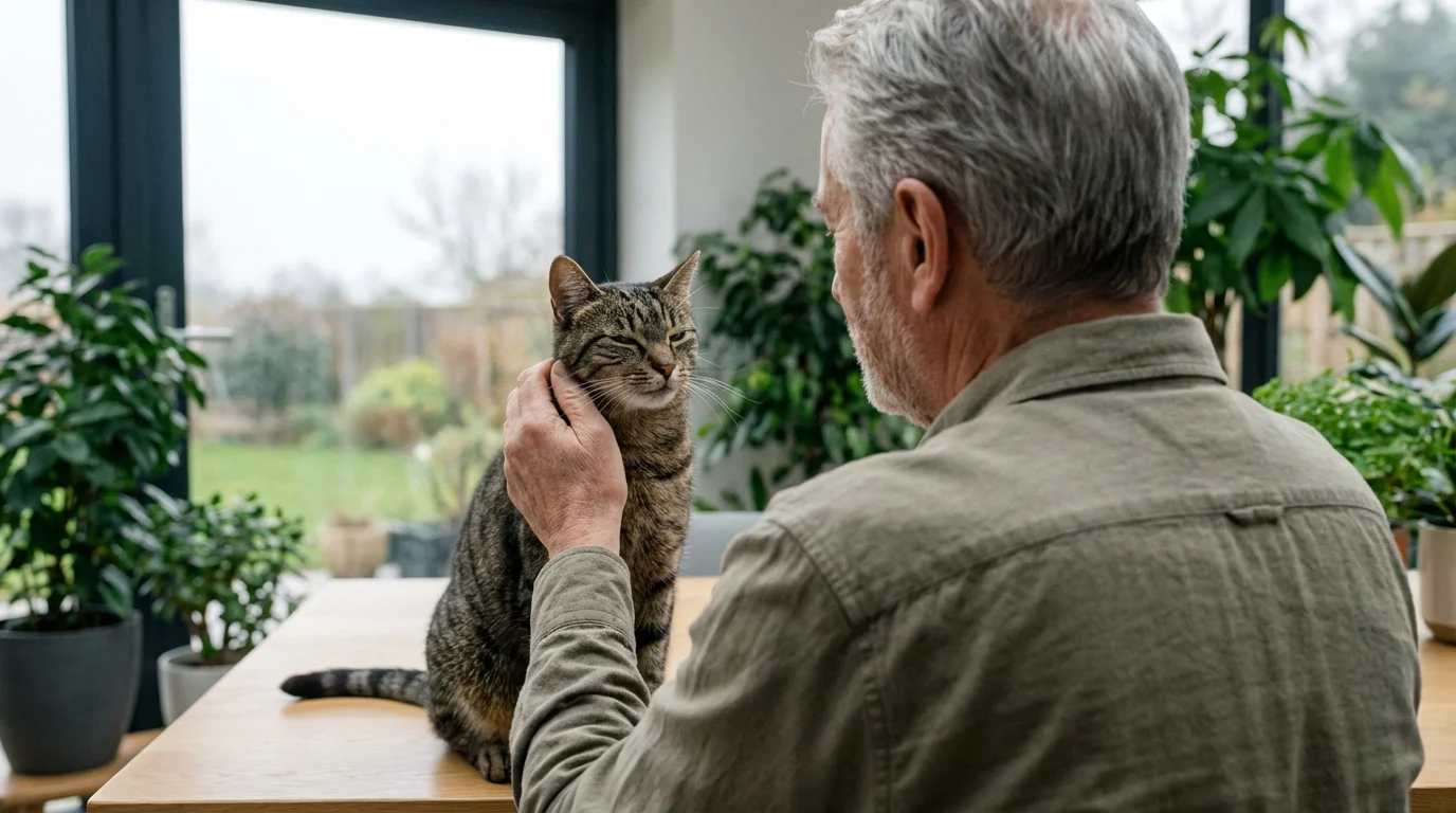 Over-the-shoulder view of a senior man petting a contented tabby cat in a sunroom.