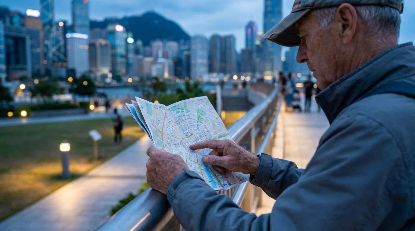 Over-the-shoulder view of a senior man planning a walking tour with a map.