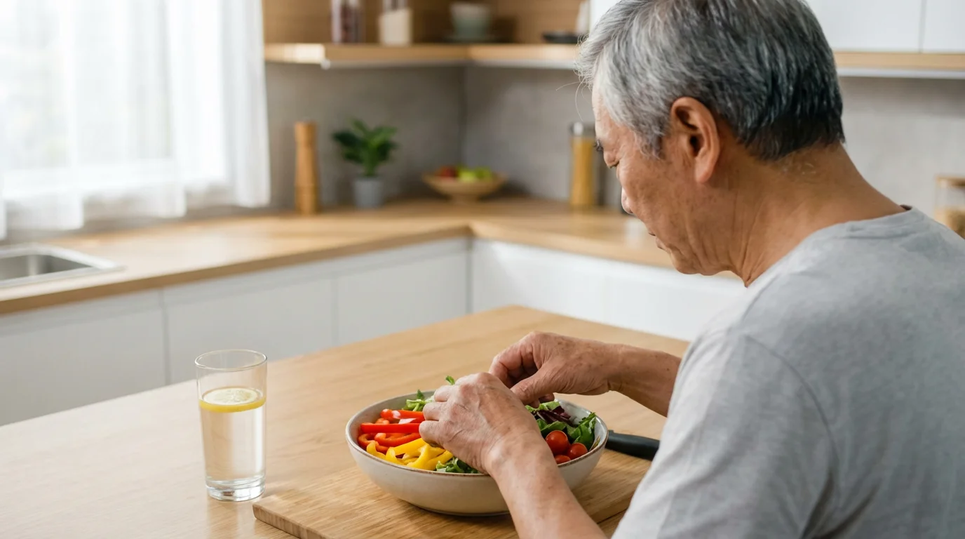 Over-the-shoulder view of a senior man preparing a healthy, colorful salad and glass of water.