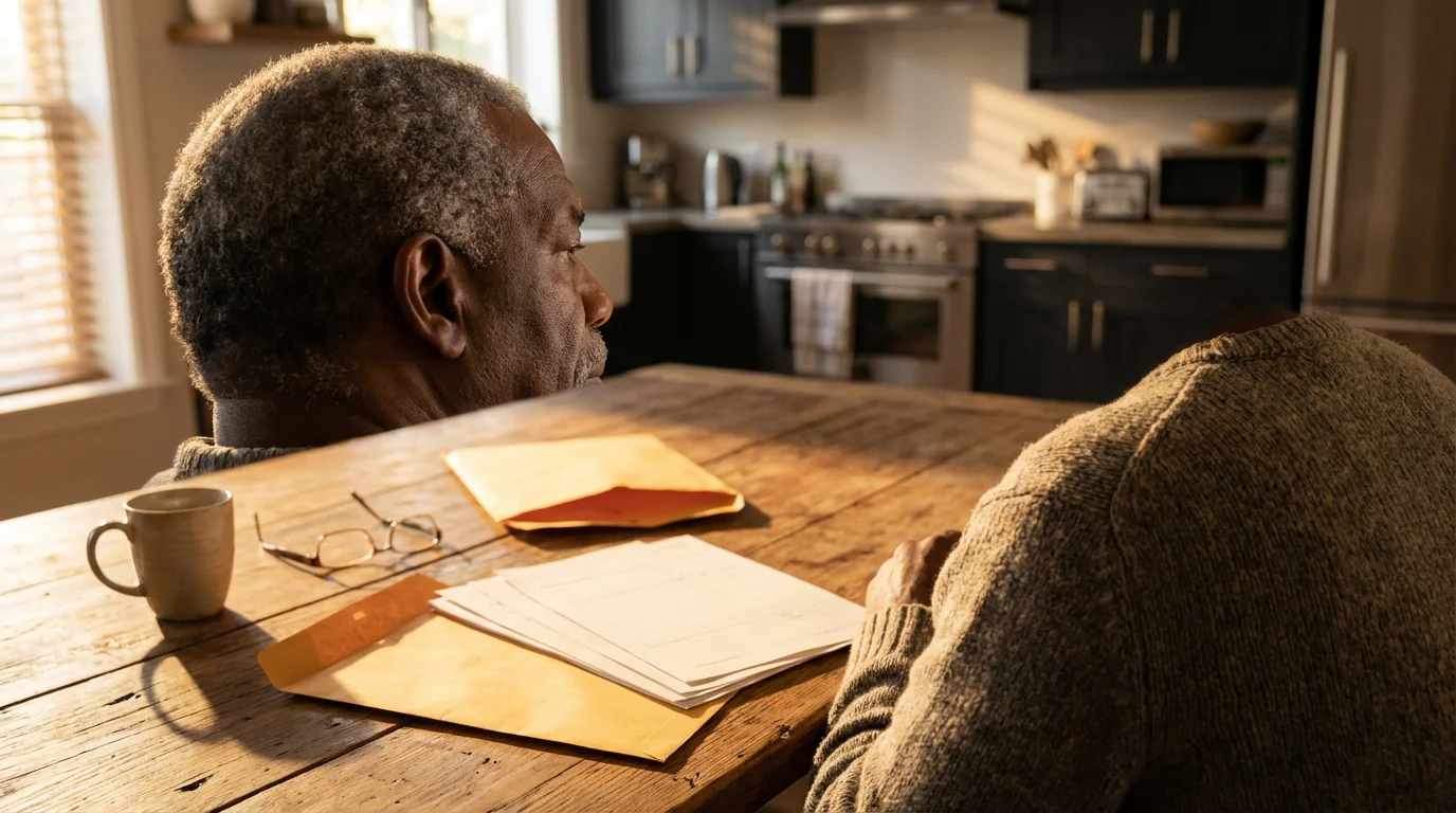 Over-the-shoulder view of a senior man reviewing text-free financial documents at a sunlit table.