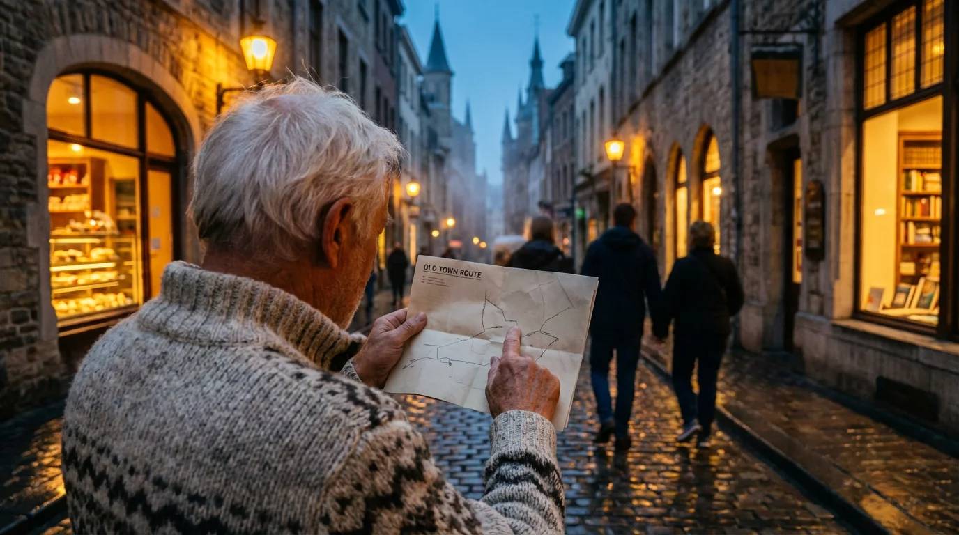 Over-the-shoulder view of a senior man reading a map on a city street at dusk.