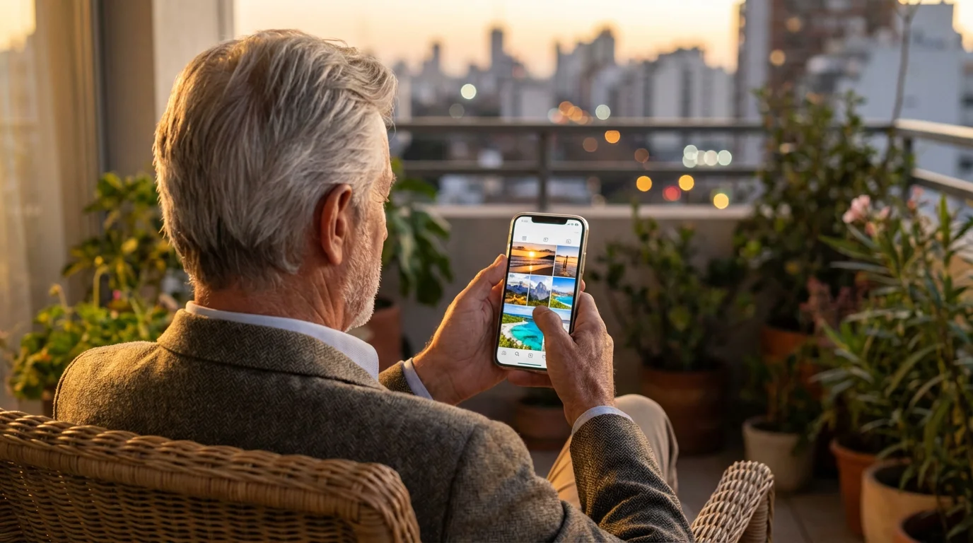 Over-the-shoulder view of a senior man scrolling through a visual photo feed on his smartphone during sunset.