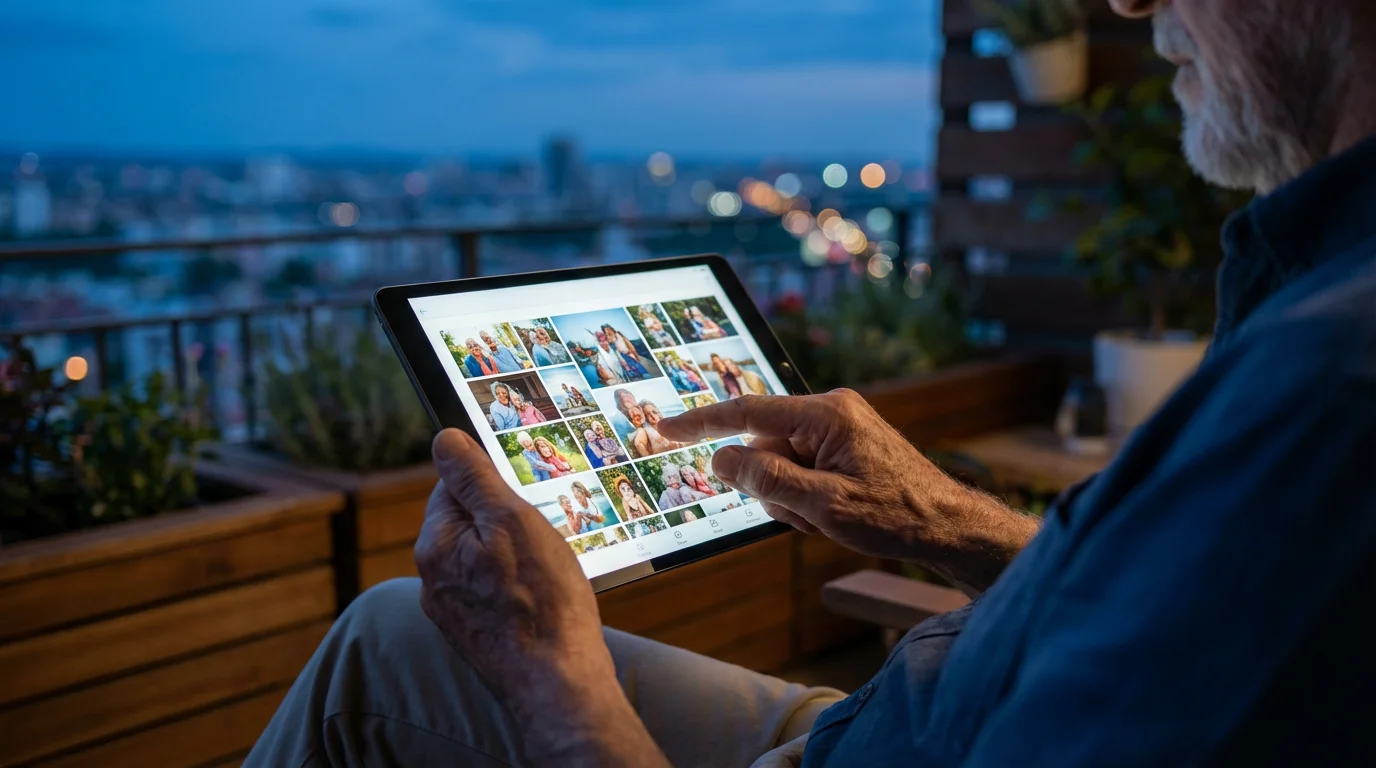 Over-the-shoulder view of a senior man using a tablet on a balcony at dusk.