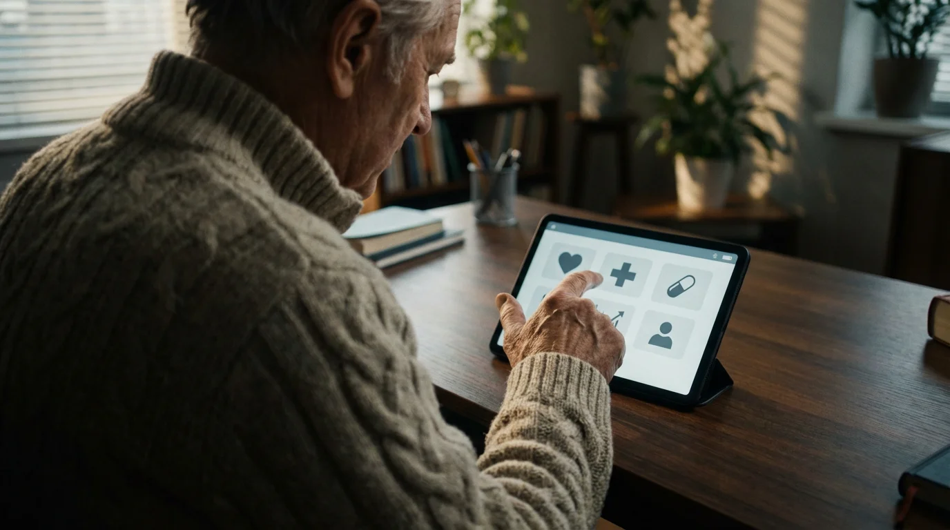 Over-the-shoulder view of a senior man using a tablet to navigate a telehealth platform.