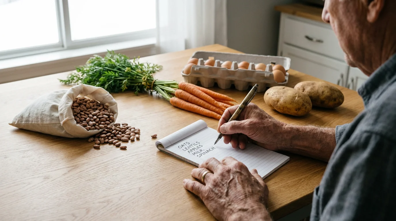 Over-the-shoulder view of a senior man writing a grocery list beside healthy, budget-friendly food.