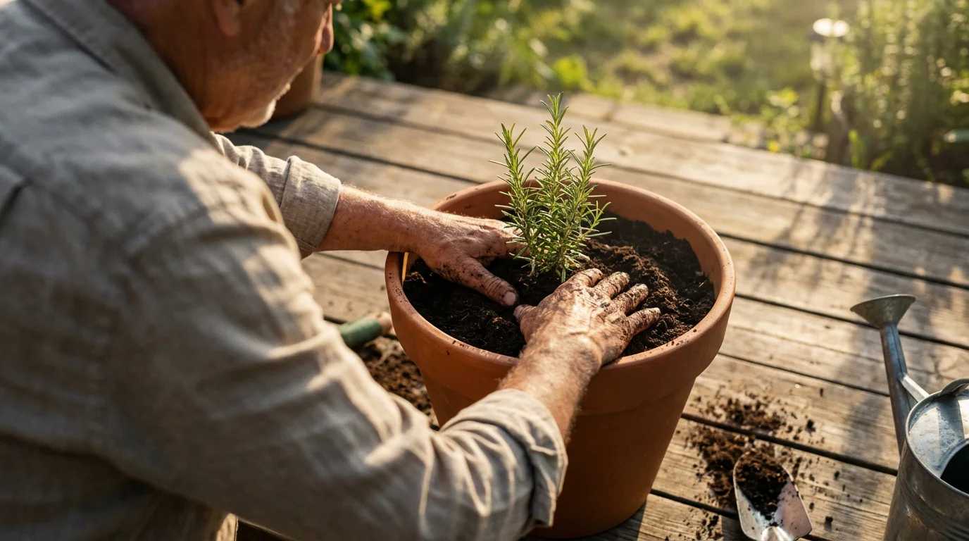 Over-the-shoulder view of a senior man's hands planting a small herb into a pot.