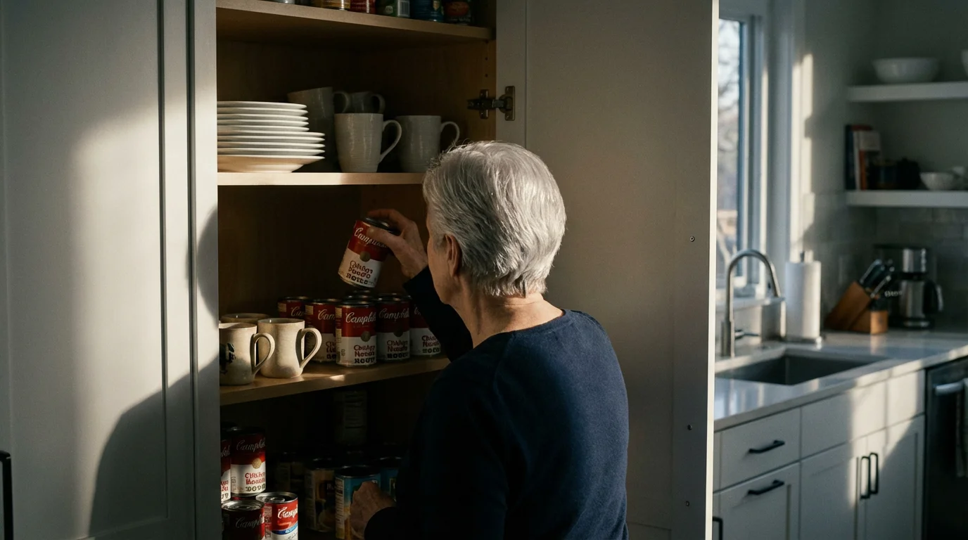 Over-the-shoulder view of a senior organizing a kitchen pantry for better accessibility and safety.