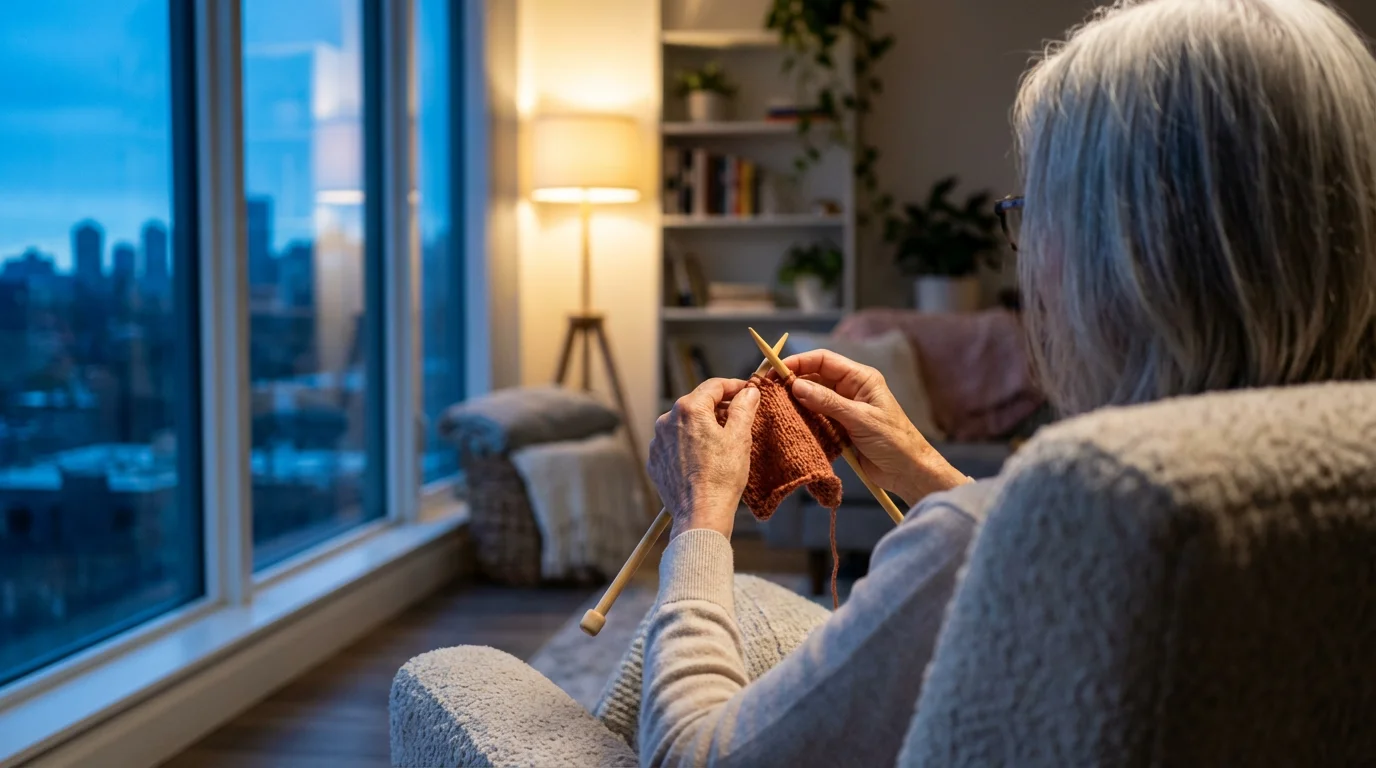 Over-the-shoulder view of a senior person learning to knit in a cozy room.