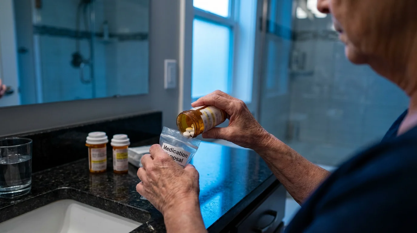 Over-the-shoulder view of a senior person safely disposing of old prescription medication at dusk.