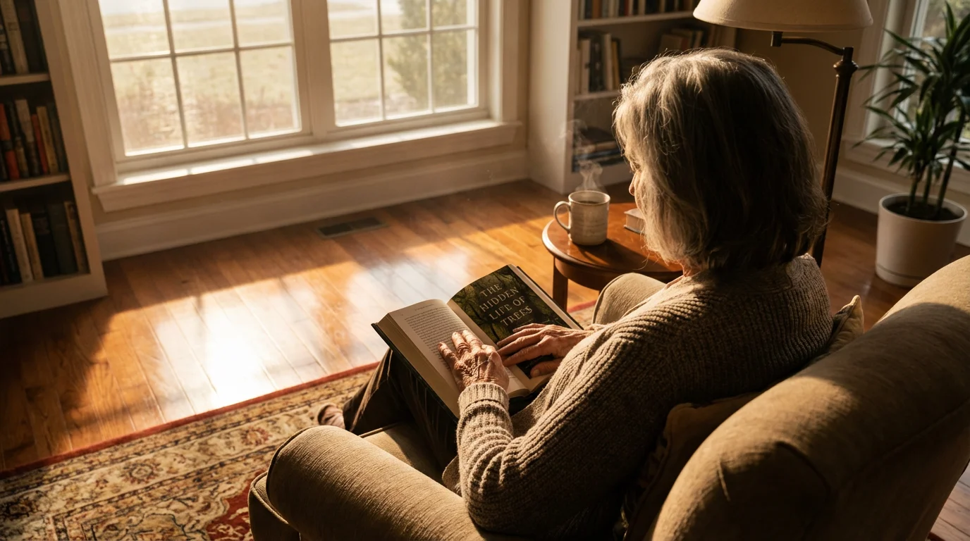 Over-the-shoulder view of a senior woman reading a book at home during her staycation.