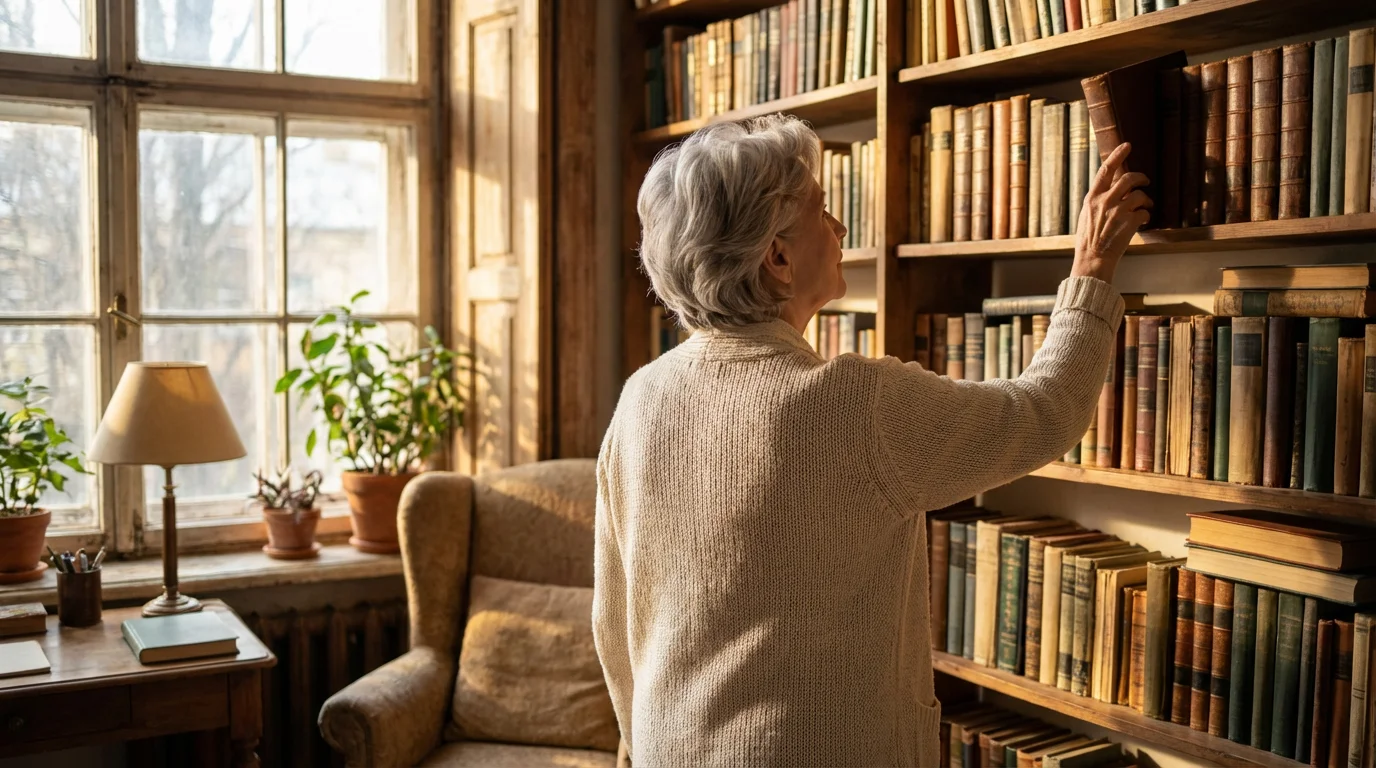 Over-the-shoulder view of a senior woman reaching for a book on a high shelf.