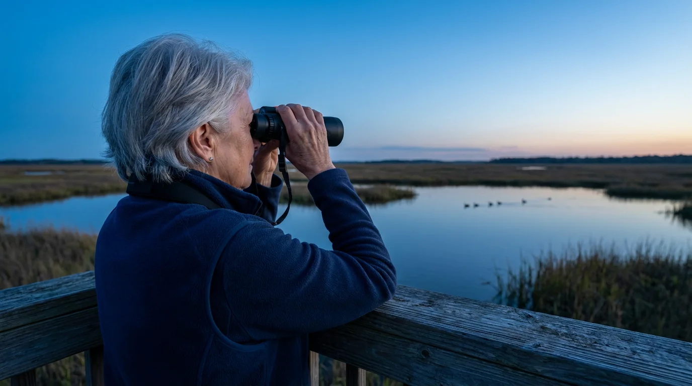 Over-the-shoulder view of a senior woman birdwatching with binoculars at a wetland during twilight.