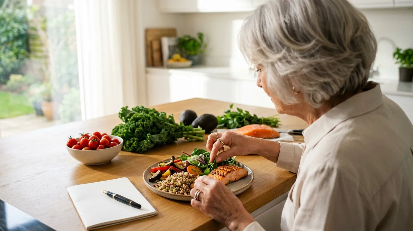 Over-the-shoulder view of a senior woman preparing a healthy, diabetes-friendly meal in her kitchen.
