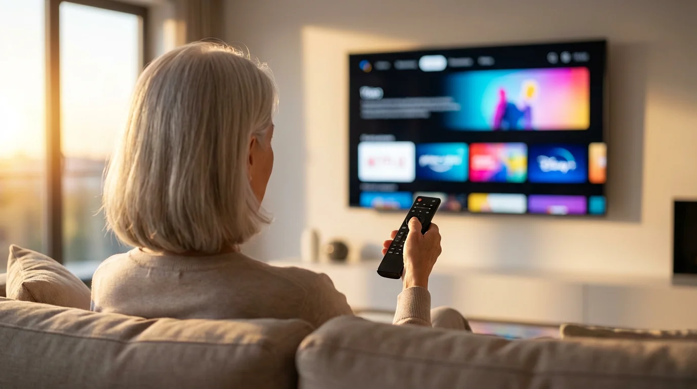 Over-the-shoulder view of a senior woman using a remote to browse a streaming service.