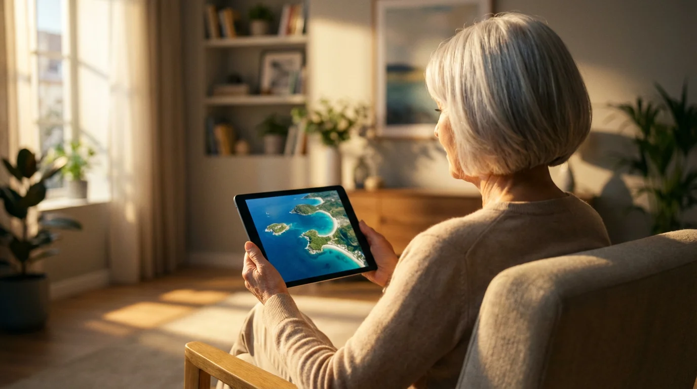 Over-the-shoulder view of a senior woman at home planning a trip on a tablet.