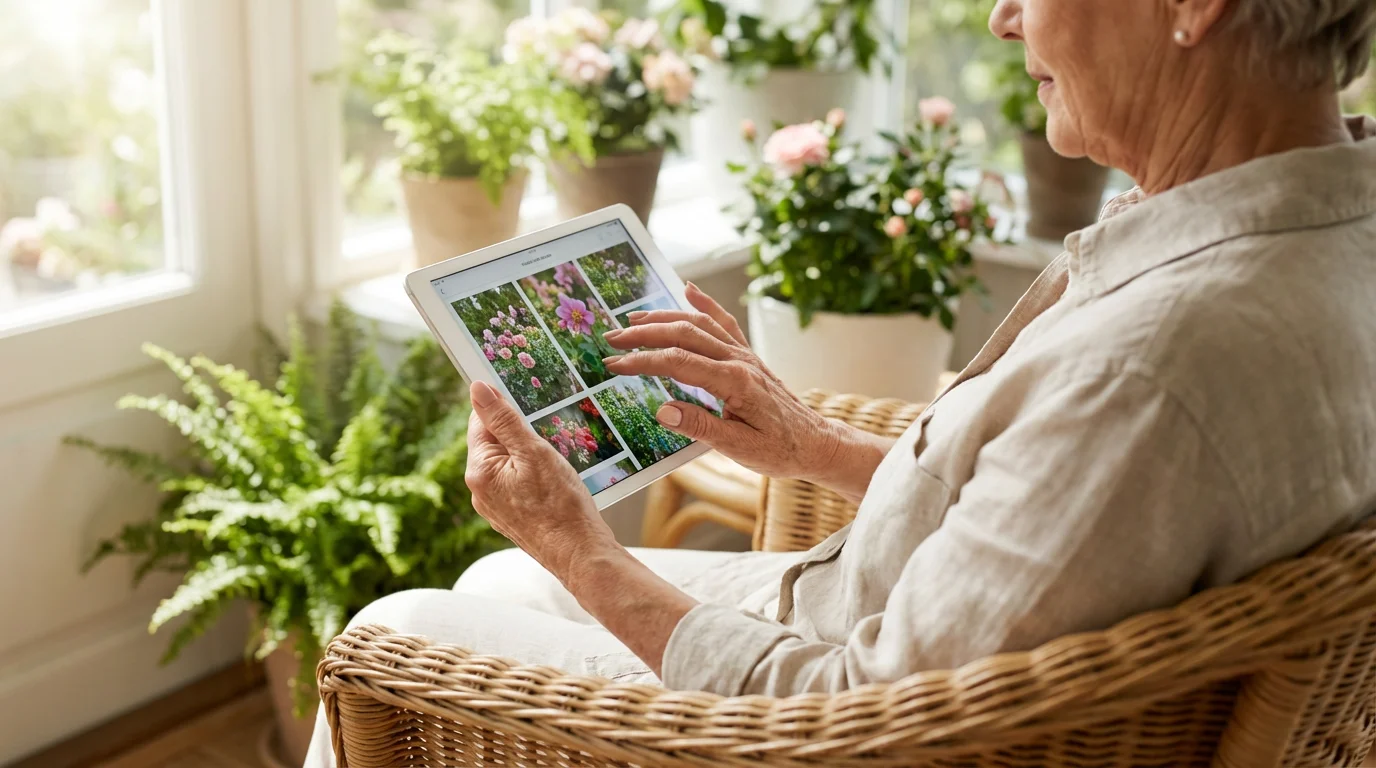 Over-the-shoulder view of a senior woman's hands holding a tablet showing garden photos.