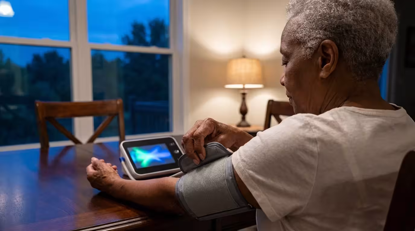 Over-the-shoulder view of a senior woman at home checking her blood pressure at dusk.