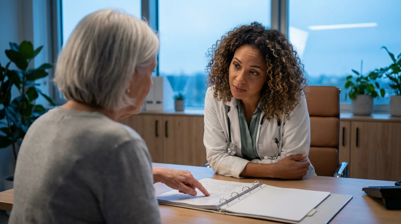 Over-the-shoulder view of a senior woman in an evening consultation with her doctor.