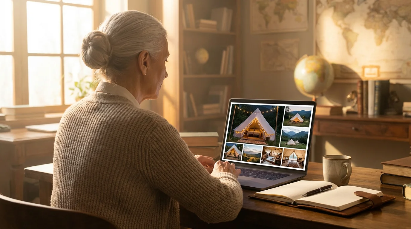 Over-the-shoulder view of a senior woman planning a glamping trip on her laptop.