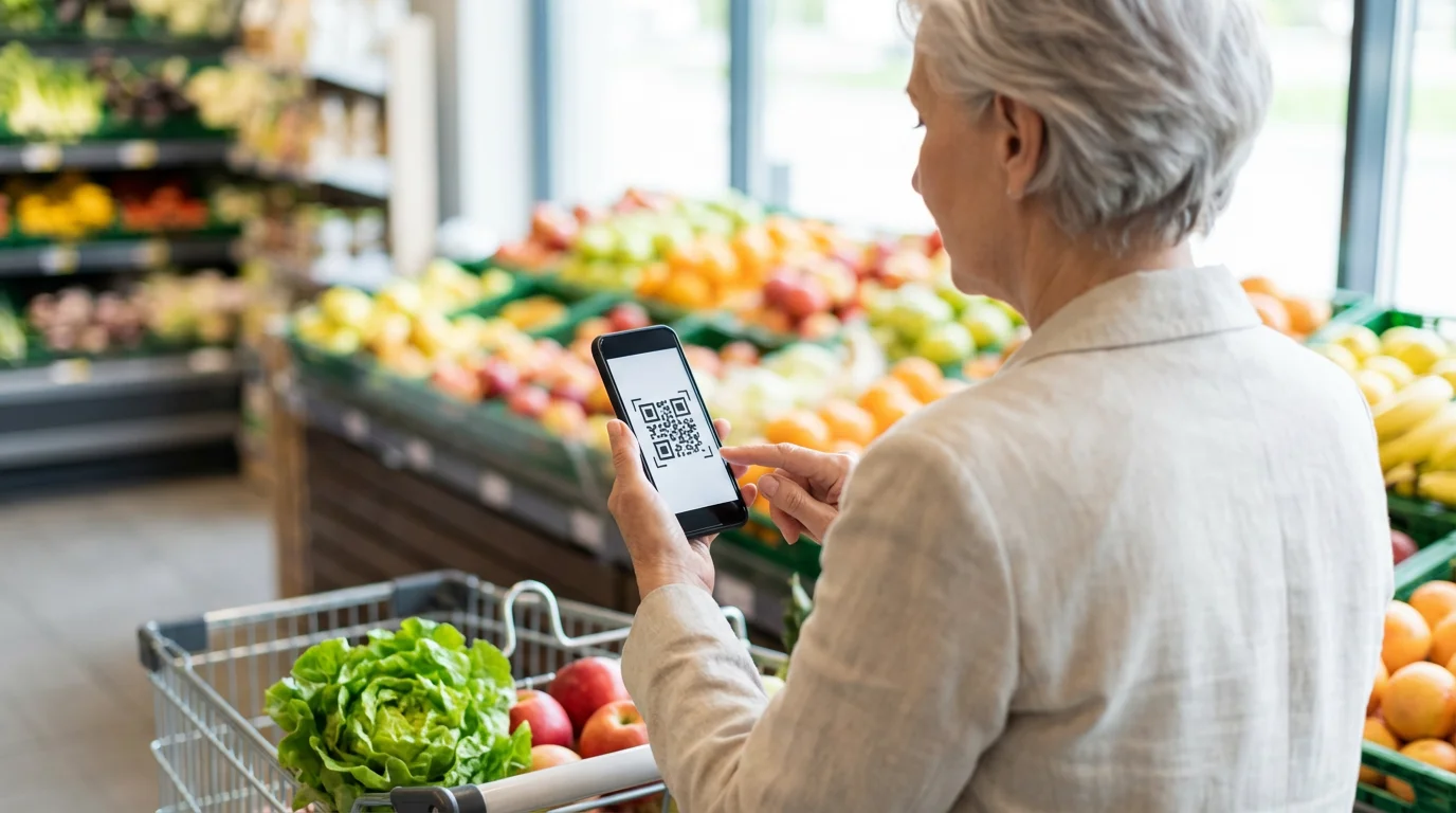 Over-the-shoulder view of a senior woman using a grocery savings app on her smartphone.