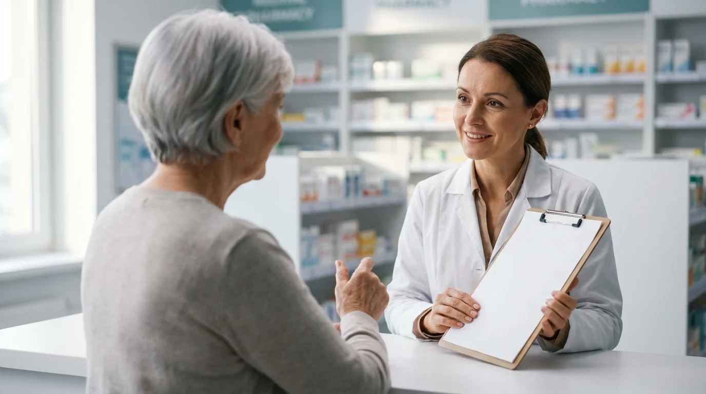 Over-the-shoulder view of a senior woman talking with a pharmacist at a pharmacy counter.