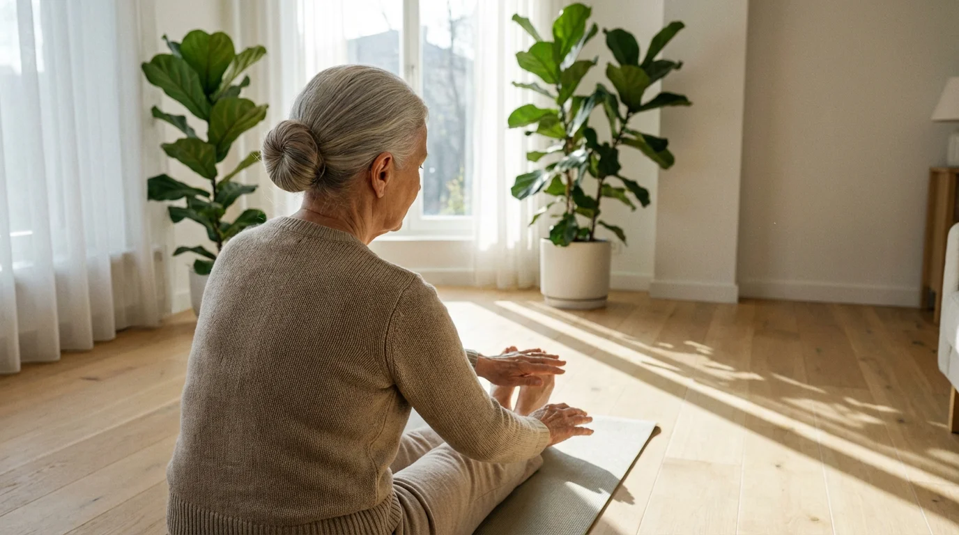 Over-the-shoulder view of a senior woman doing a gentle stretch in a sunlit room.