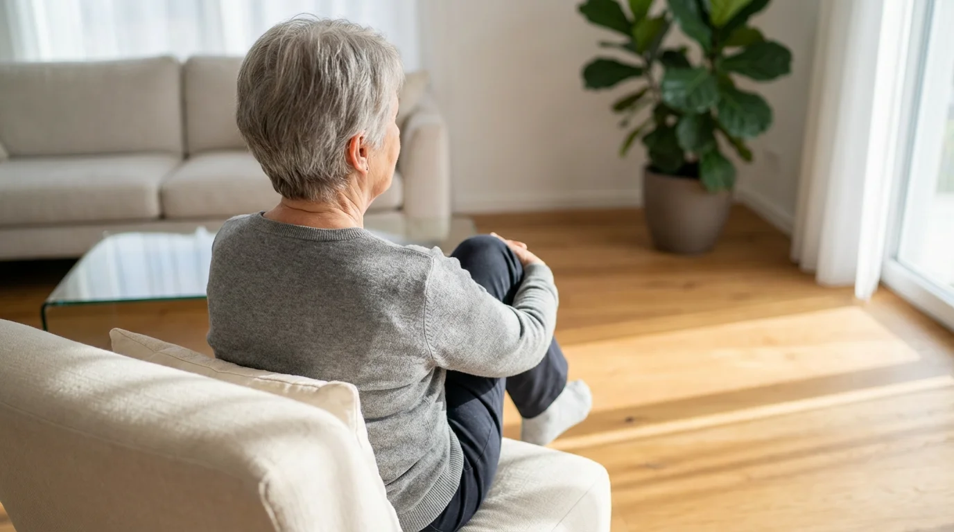 Over-the-shoulder view of a senior woman performing seated aerobic exercises in a sunlit room.
