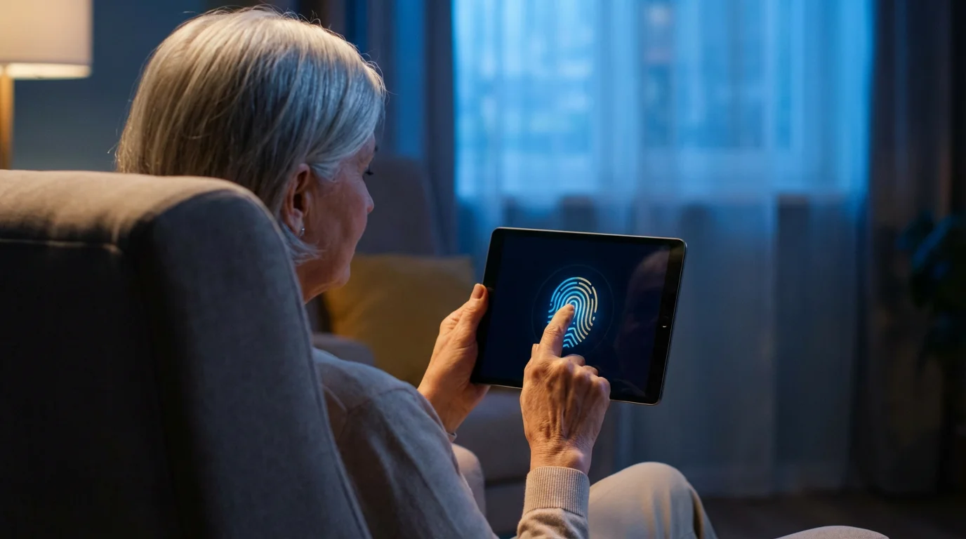 Over-the-shoulder view of a senior woman securing a tablet with her fingerprint at twilight.