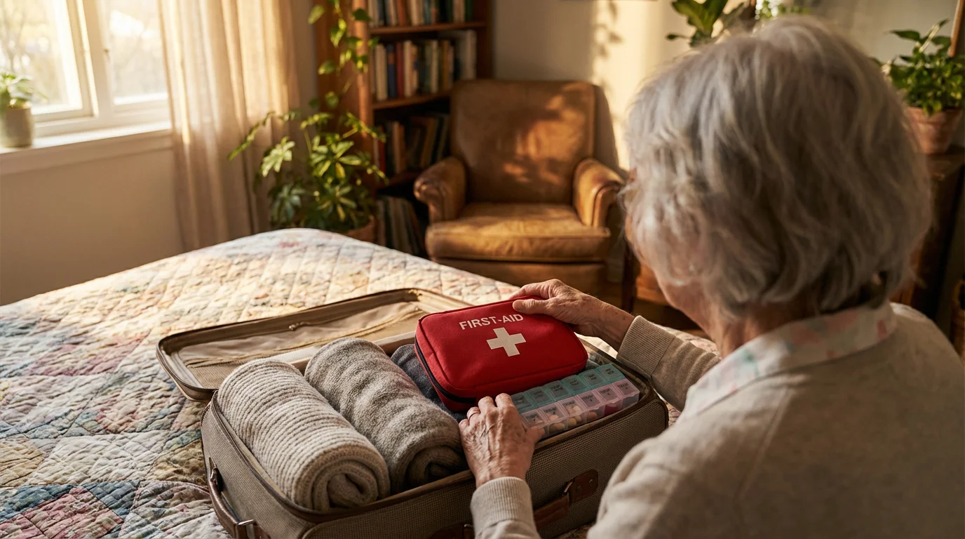 Over-the-shoulder view of a senior woman packing a first-aid kit into a suitcase.