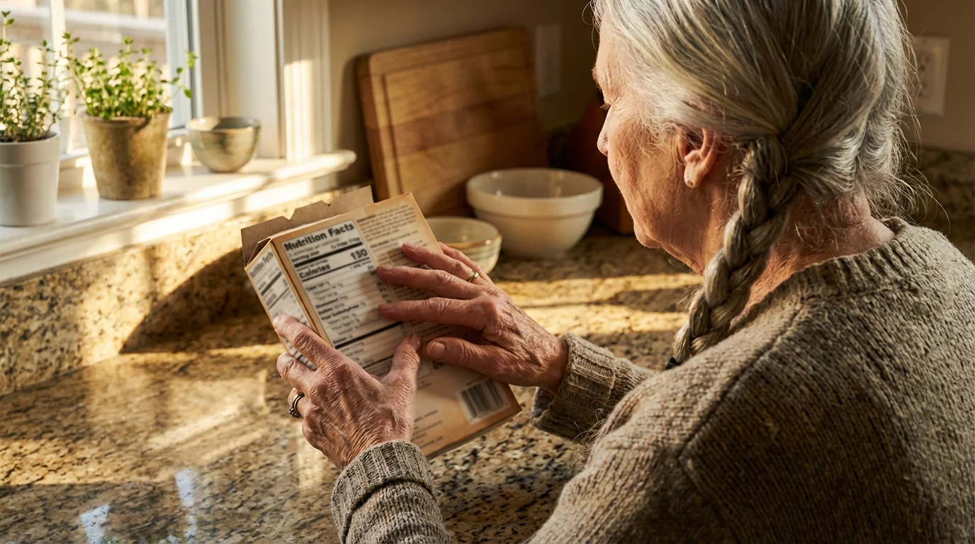 Over-the-shoulder view of a senior woman carefully reading a blurred food nutrition label.