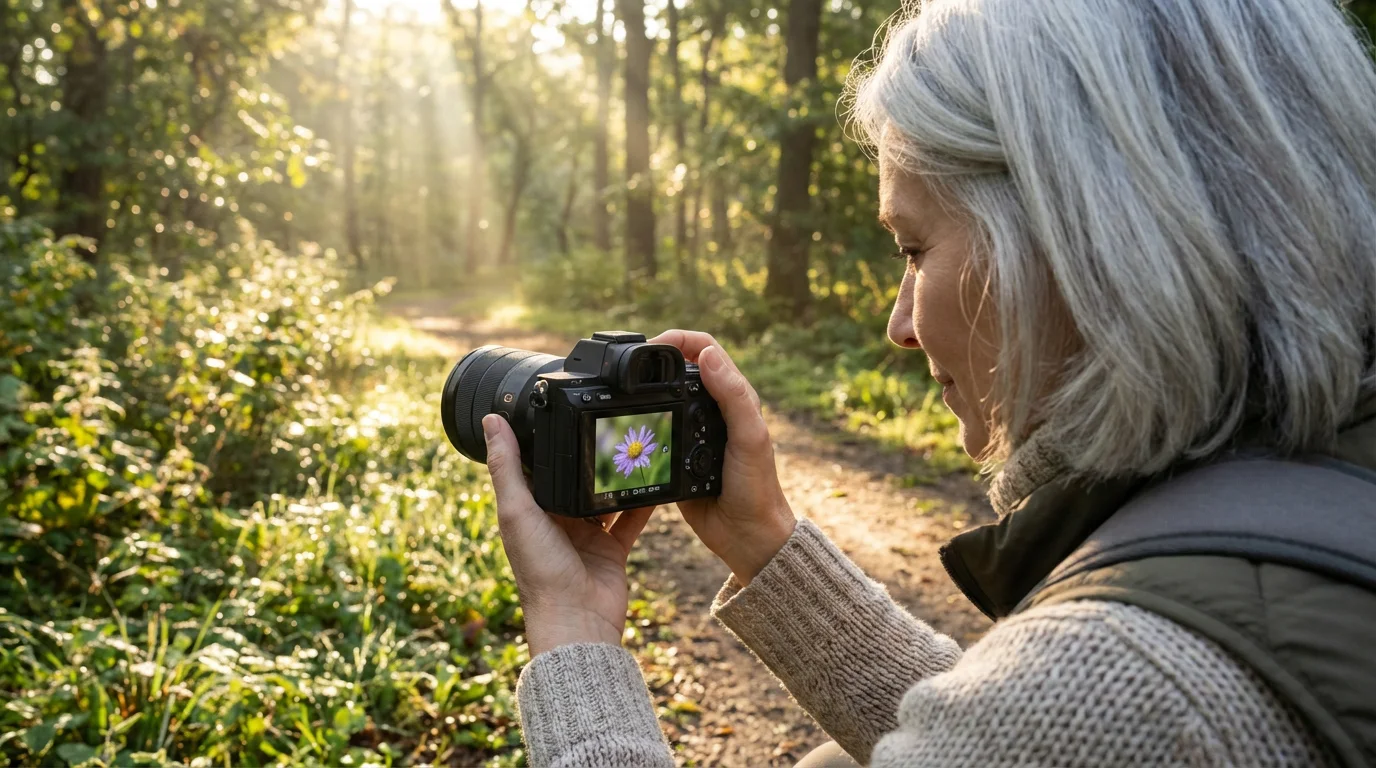 Over-the-shoulder view of a senior woman taking a macro photograph of a flower.